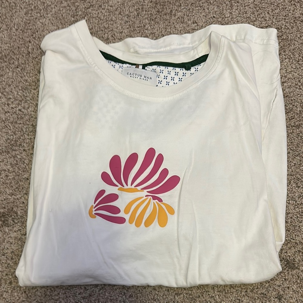 Casual Man White Tee with Pink and Orange Design